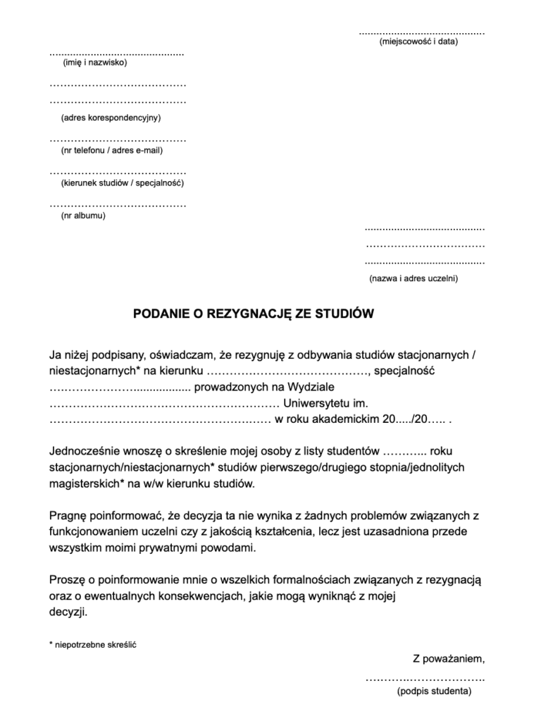 Podanie O Rezygnacj Ze Studi w Wz r Wzory Pisma pl