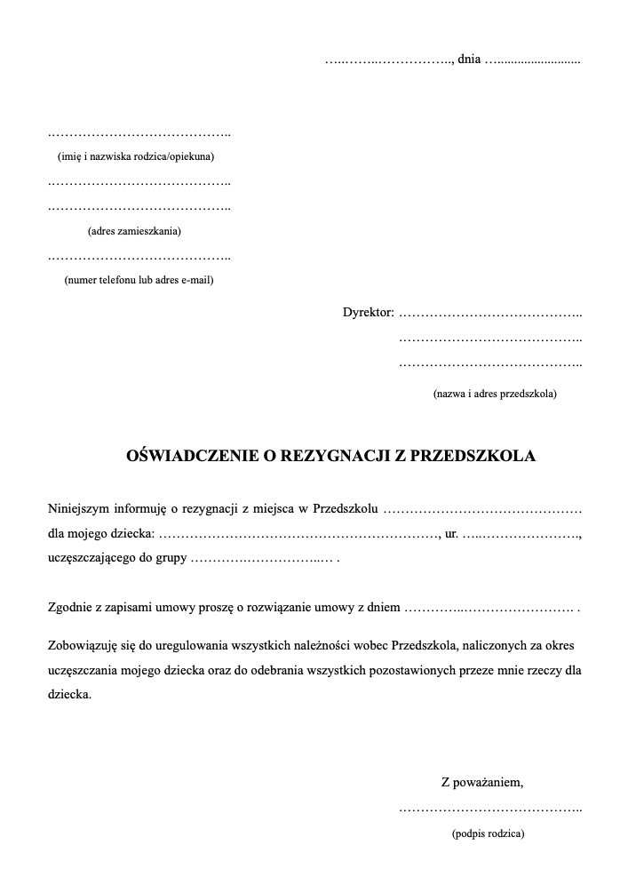 Rezygnacja Z Przedszkola Wz r Wzory Pisma pl