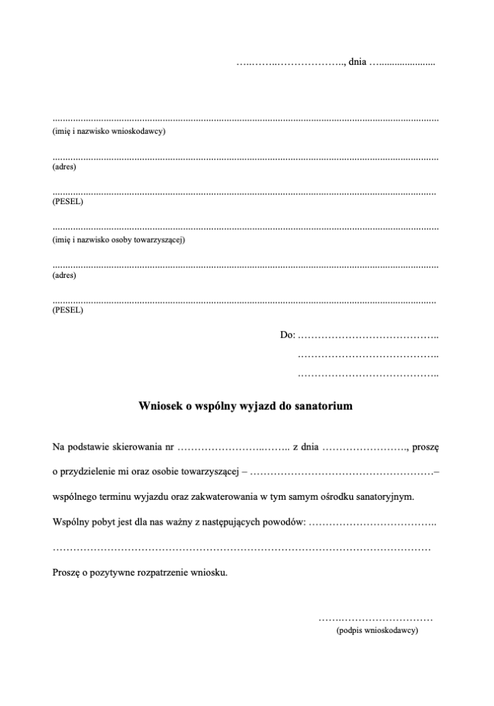 Wzór wniosku o wspólny wyjazd do sanatorium