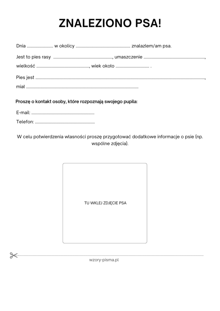 Wzór ogłoszenia o znalezieniu psa