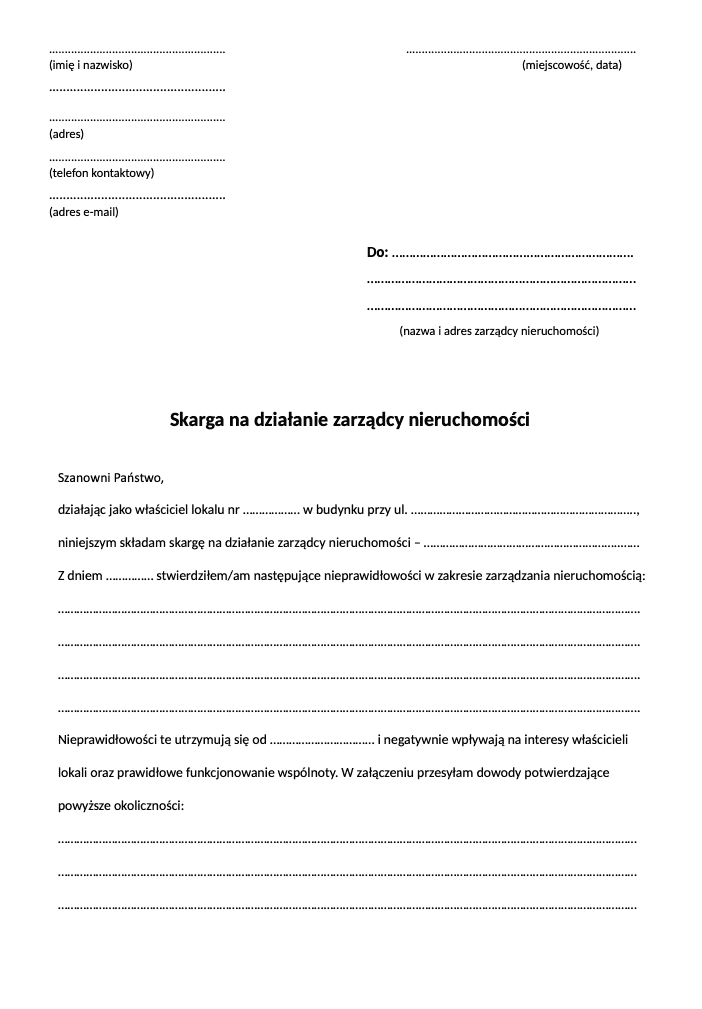 Wzór skargi na zarządcę nieruchomości