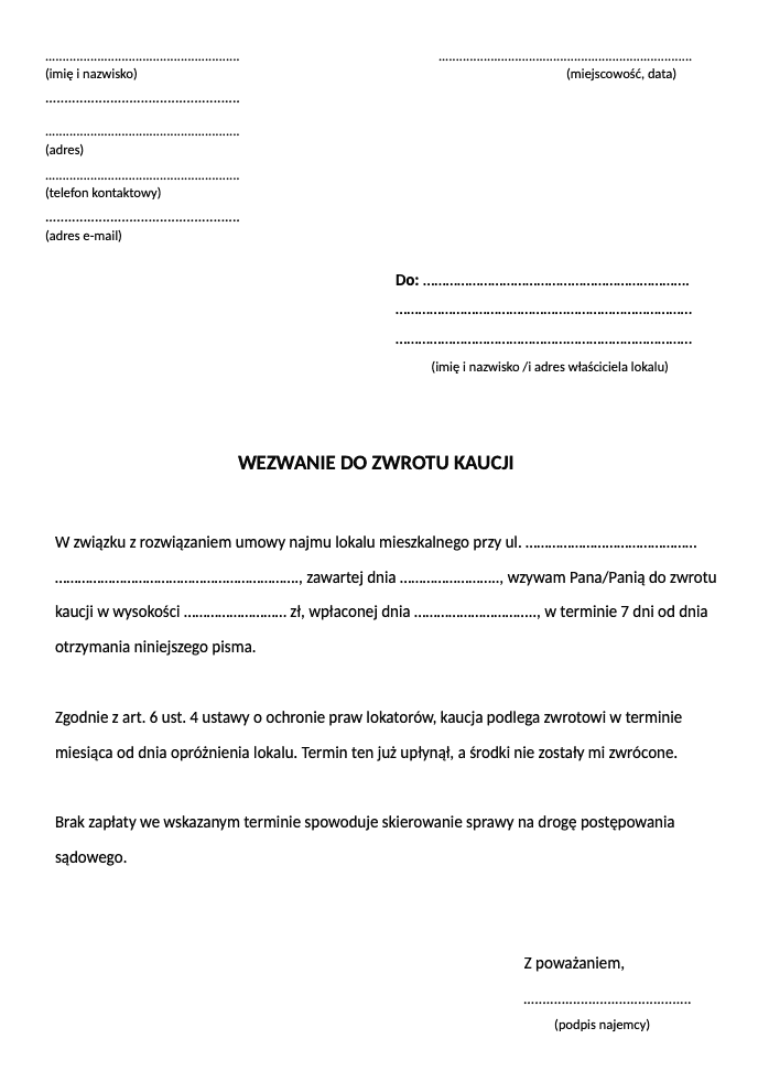 Wzór wezwania do zwrotu kaucji