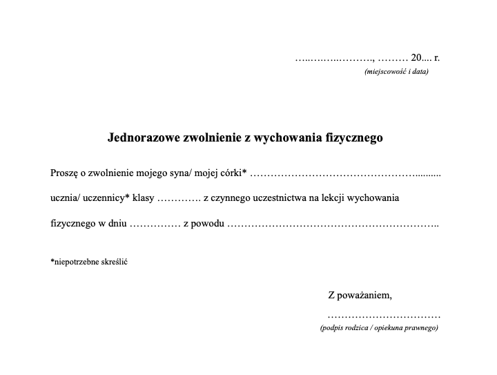 Wzór jednorazowego zwolnienia dziecka z lekcji WF