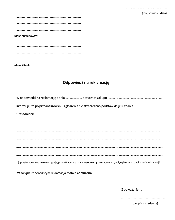 Wzór odrzucenia reklamacji