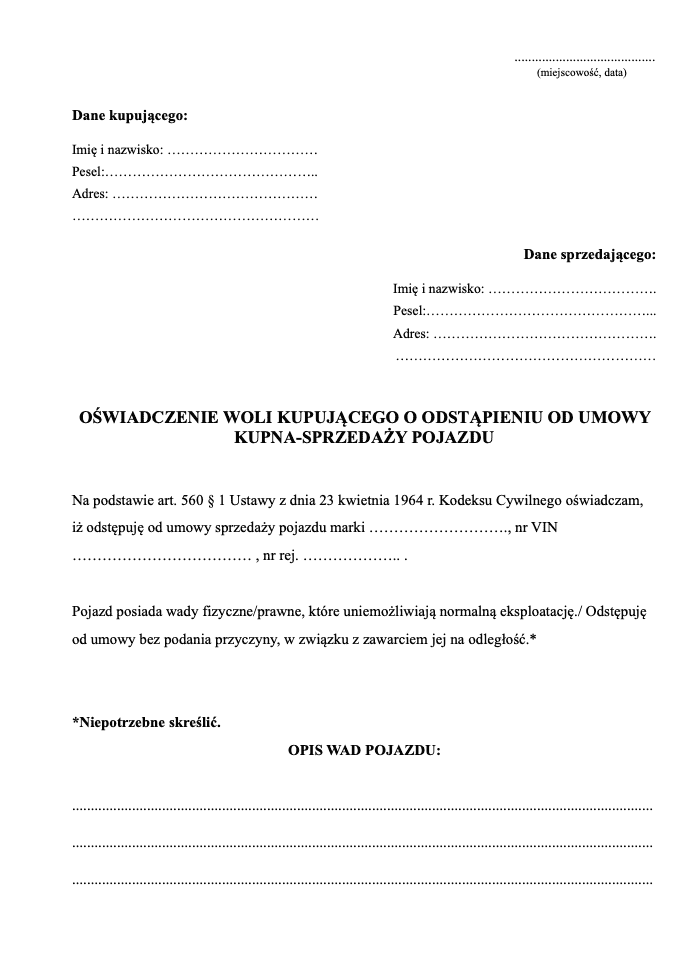 Wzór odstąpienia od umowy kupna-sprzedaży samochodu