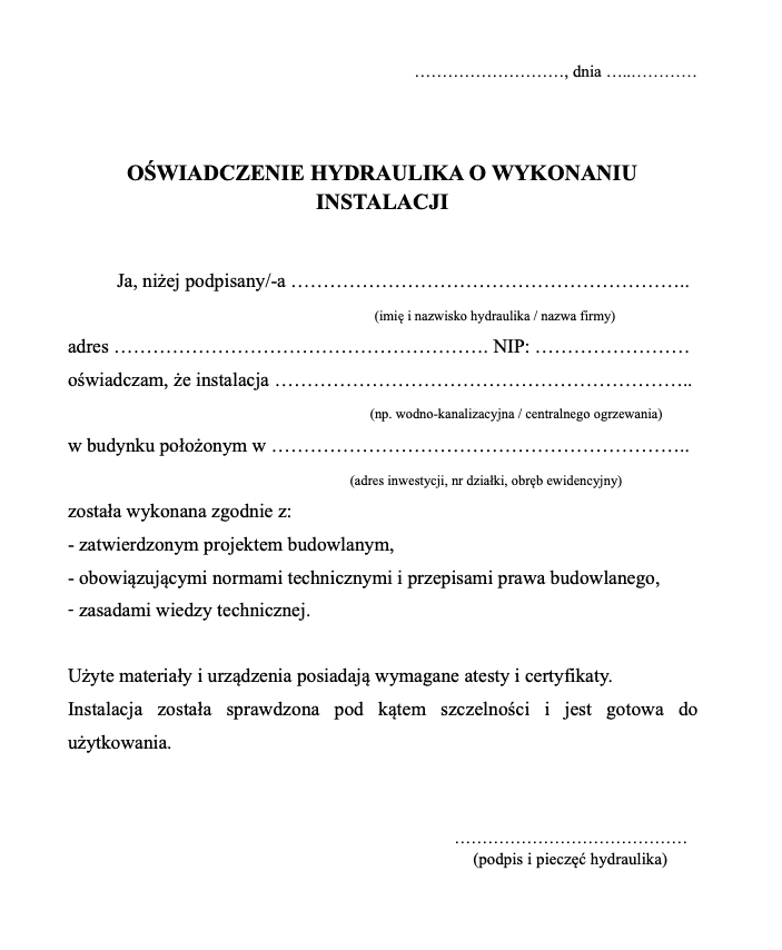 Wzór oświadczenia hydraulika o wykonaniu instalacji
