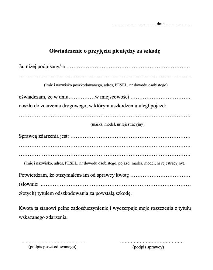 Wzór oświadczenia o przyjęciu pieniędzy za szkodę