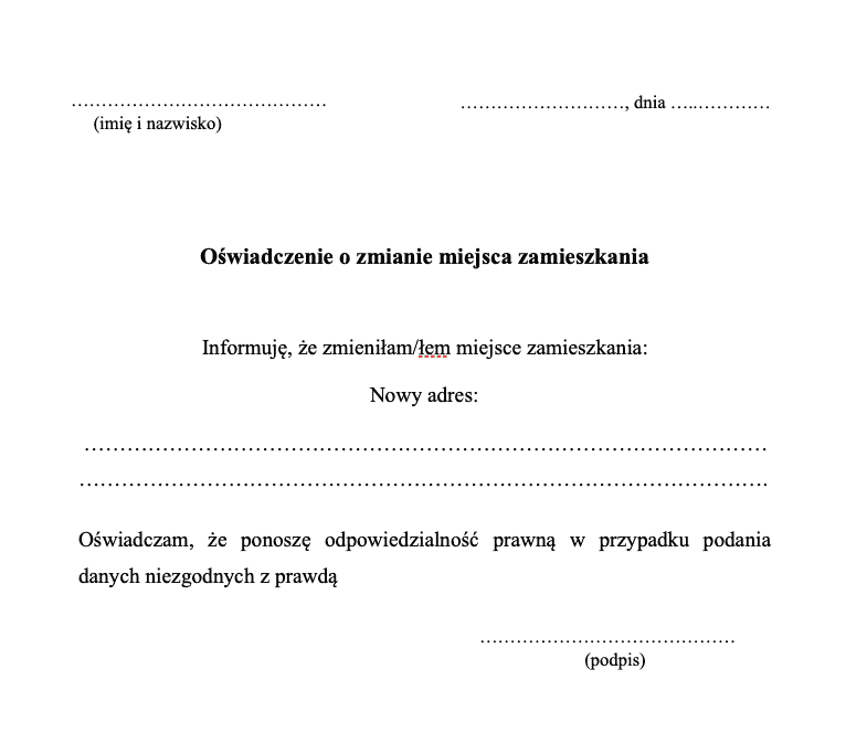 Wzór oświadczenia o zmianie miejsca zamieszkania