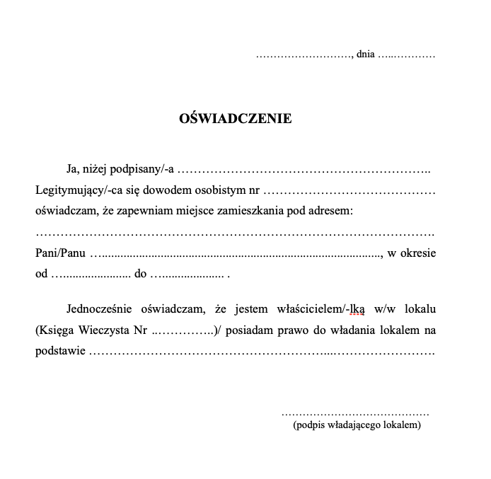 Wzór oświadczenia właściciela do zameldowania