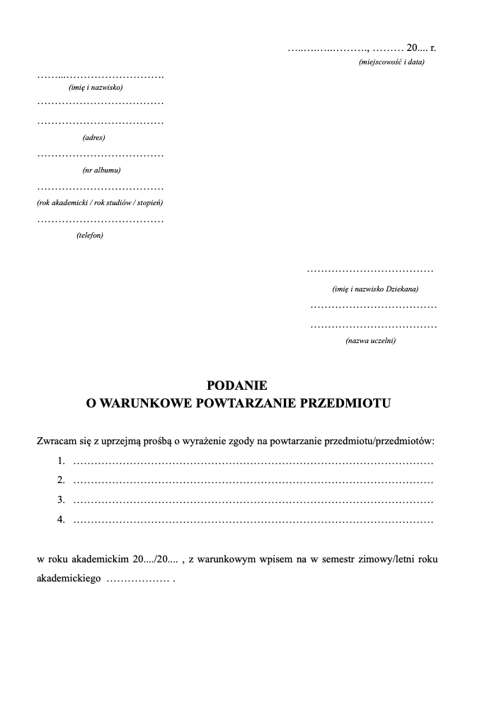 Wzór podania o warunkowe zaliczenie przedmiotu