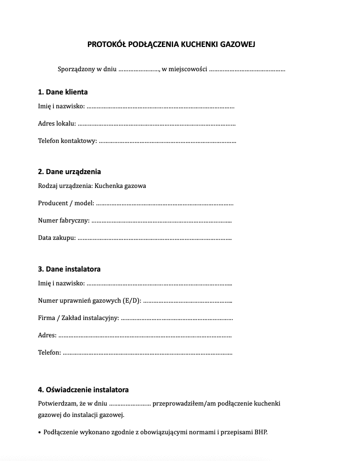 Wzór protokołu podłączenia kuchenki gazowej