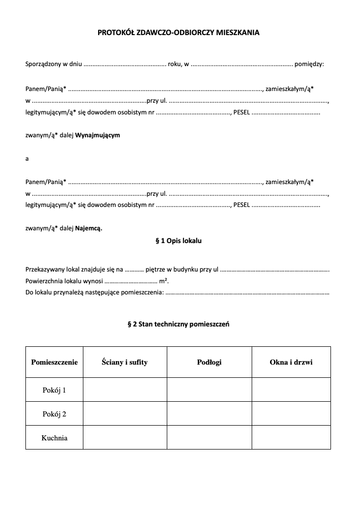 Wzór protokołu zdawczo-odbiorczego mieszkania