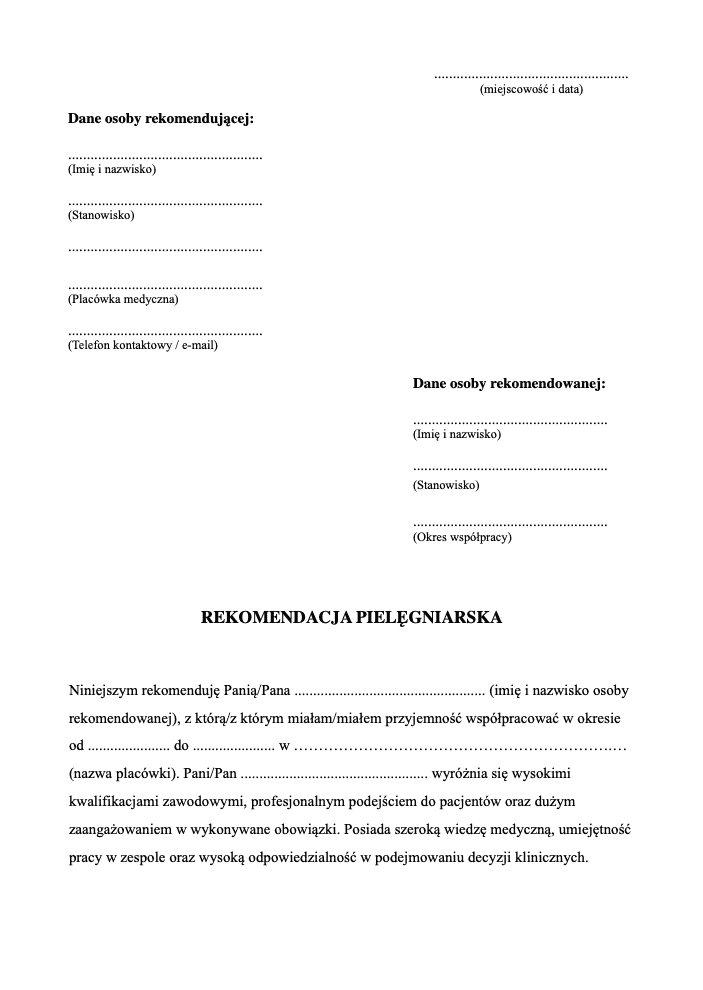 Wzór rekomendacji pielęgniarskich