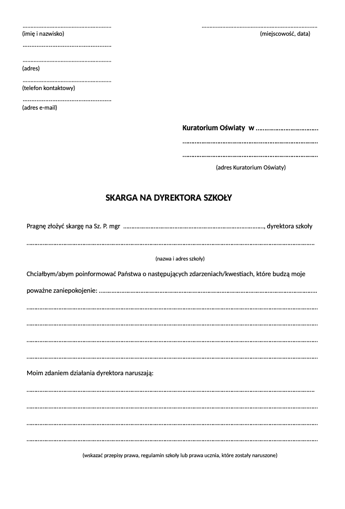 Wzór skargi na dyrektora szkoły do kuratorium