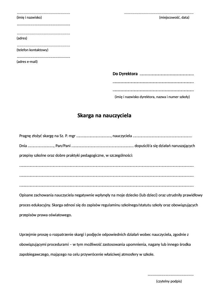 Wzór skargi na nauczyciela
