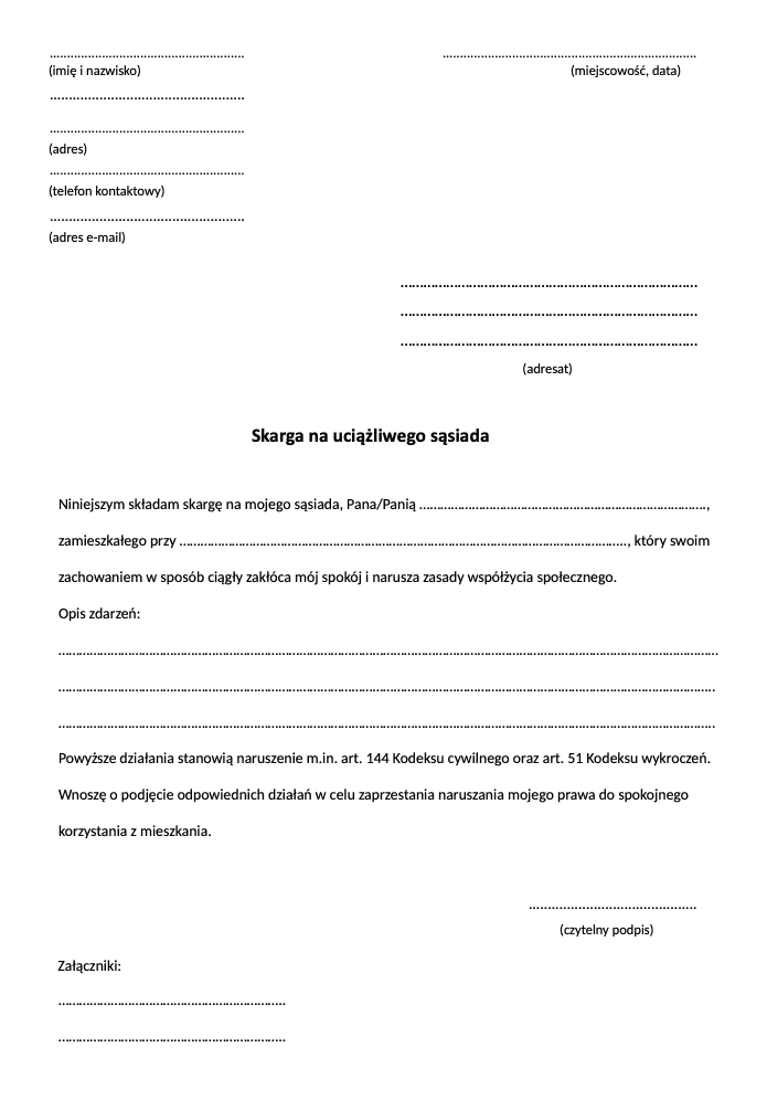 wzór skargi na uciążliwego sąsiada