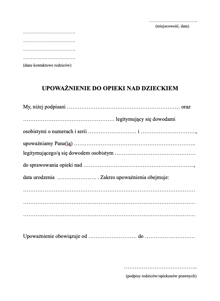 Wzór upoważnienia do opieki nad dzieckiem