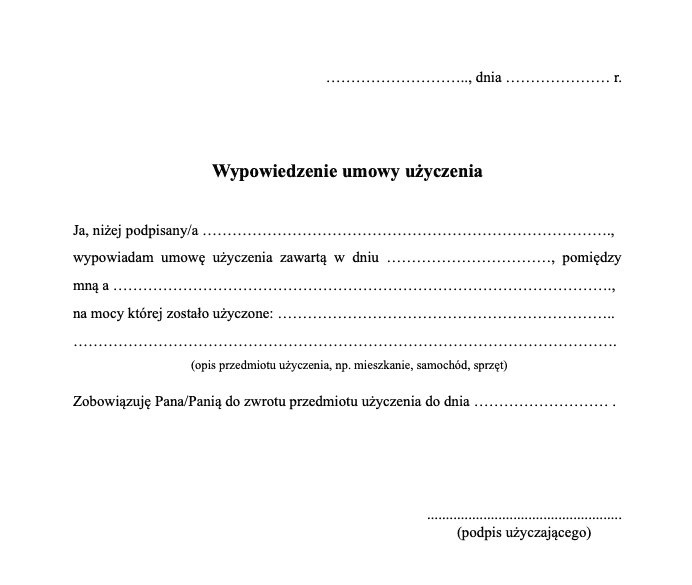 Wzór wypowiedzenia umowy użyczenia