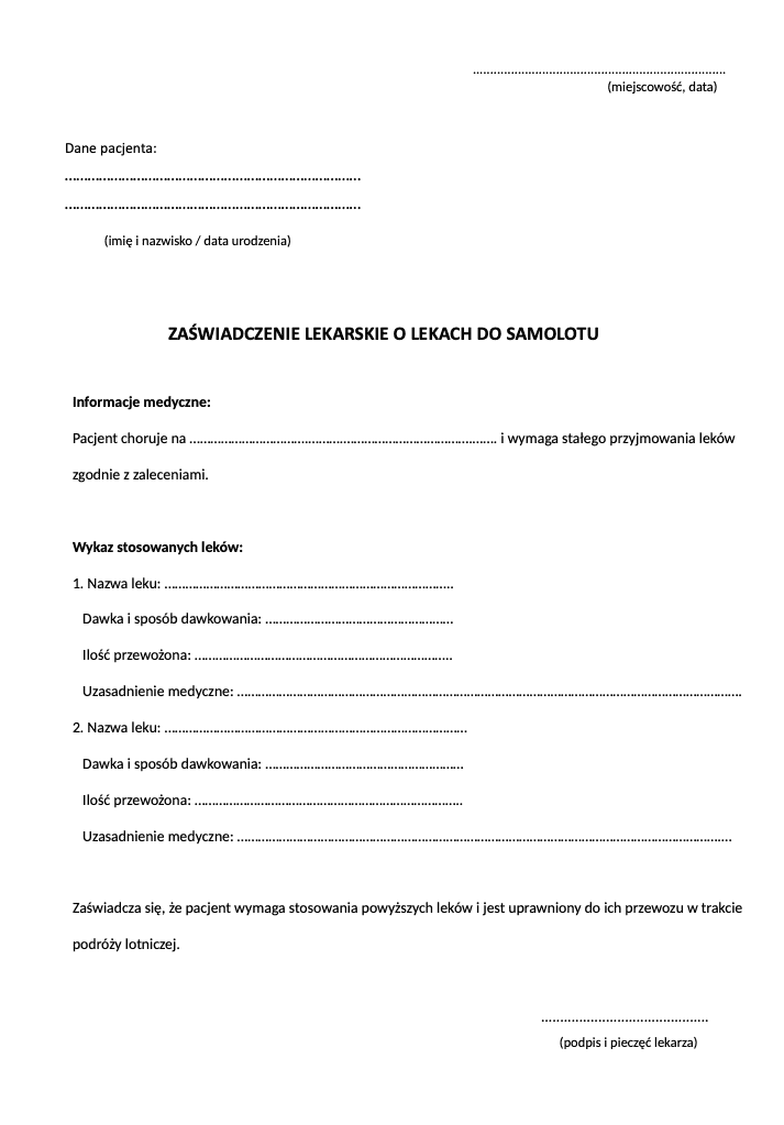 Wzór zaświadczenia o lekach do samolotu