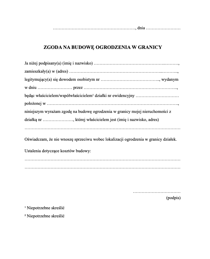 Wzór zgody sąsiada na budowę ogrodzenia w granicy
