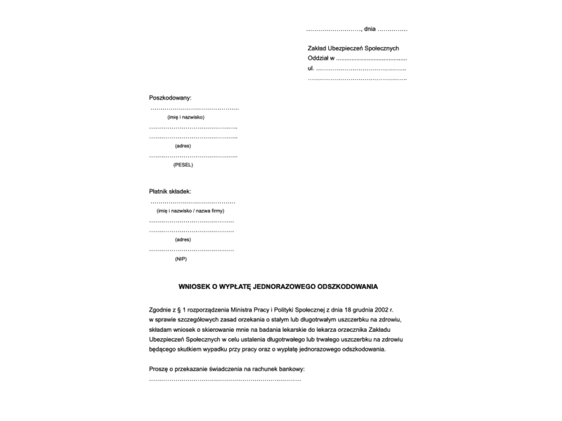 Wniosek o wypłatę jednorazowego odszkodowania z ZUS - Wzór DOCX
